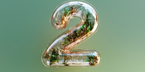 Glass number two with greenery inside on green background