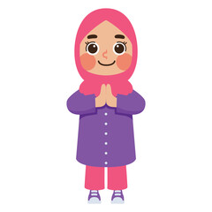 Cute girl in hijab with respectful greeting gesture. Suitable for diversity, culture, education, communication, and lifestyle concepts in designs