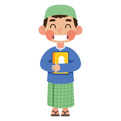 Smiling boy holding a Quran, suitable for religious themed designs, cultural education materials, children's books, and Islamic community events promotion