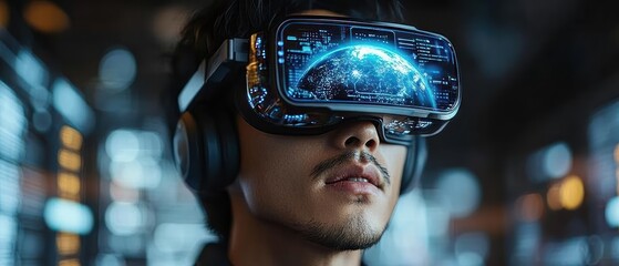 Man Wearing VR Headset Viewing Earth in Digital Interface