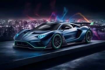 Fototapeta premium Race car wallpaper. Modern luxury sports car banner, Racing sports car on neon highway. Powerful acceleration of a supercar on a night track with colorful lights and tracks. Blur at high speed. 