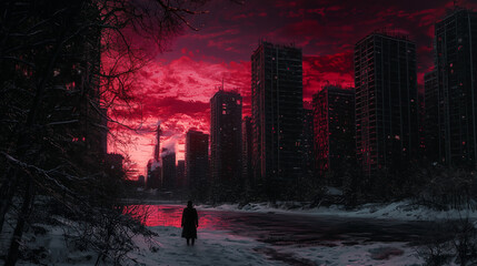 A lone figure stands in a snowy landscape, gazing at a dark futuristic city under a dramatic red sky, evoking mystery and dystopia