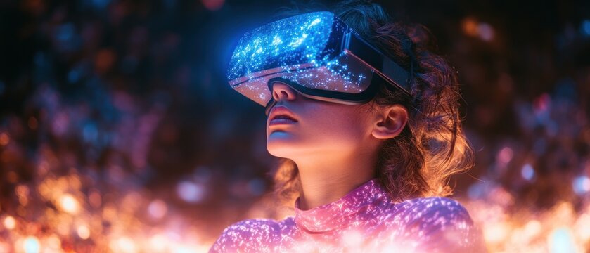 Woman Wearing VR Headset Experiencing Immersive Virtual World