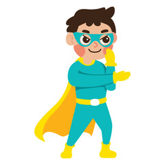 Cute cartoon superhero boy suitable for children's books, games, posters, stickers, and educational materials, featuring a lively and engaging character
