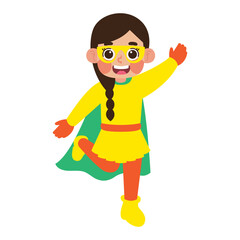 Happy girl in a yellow superhero costume, perfect for children's party decorations, superhero themed events, greeting cards, and marketing materials