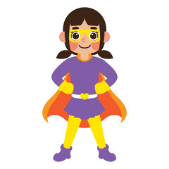 Girl superhero in a purple costume, suitable for children's books, comic books, websites, posters, and social media graphics