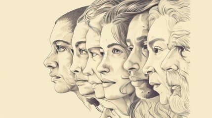 A highly detailed, artistic sketch of multiple human faces representing different generations, from youth to old age. The monochrome illustration captures diversity and deep emotions. AI generated.