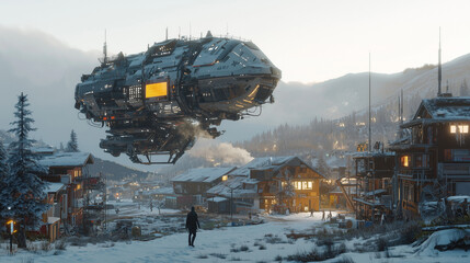 Futuristic spaceship hovers over a snowy village at dusk, with a lone figure walking towards it. Sci-fi winter landscape