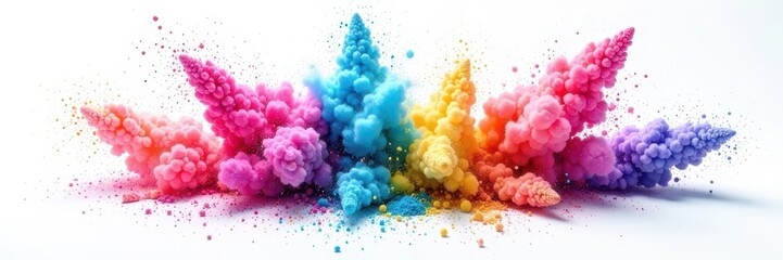 Multicolored powder puffs, dynamic burst against stark white backdrop , vibrant, bright, photography