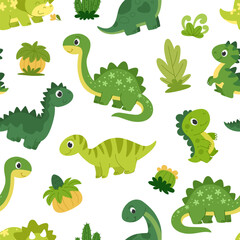 Baby cartoon dinosaurs seamless pattern. Herbivorous prehistoric dinosaurs and plants background for fabric, paper and other design.