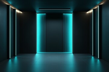 Stylish dark teal partition with spacious copyspace set in a modern black room illuminated by LED lights for creative mockup design