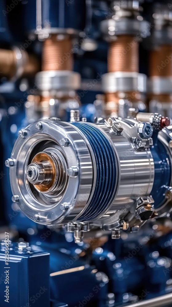 Poster close-up view of a turbine engine part showcasing advanced engineering in a busy manufacturing facil
