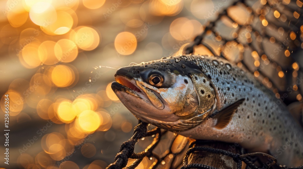 Poster a beautiful brown trout rests in a net, with warm golden sunlight shimmering off the water in the ba