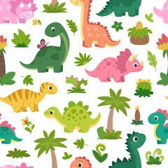 Cute cartoon baby dinosaurs pattern. Seamless background with triceratops, diplodocus, stegosaurus and other dinosaurs and plants.