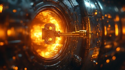 Discount-marked vault door golden key turning softly illuminated from within