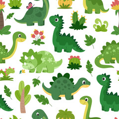Cartoon baby green dinosaurs seamless pattern. Cute repeating background for kids with dinosaurs and plants.