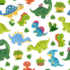 Cartoon dinosaurs seamless pattern. Children's prehistoric background with dinosaurs, plants and leaves. Ideal for fabric, packaging and other designs.