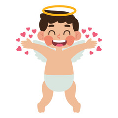 Happy baby cupid with wings embraces pink hearts, perfect for Valentines Day designs, romantic themes, greeting cards, and love themed projects