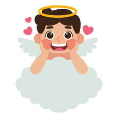 Happy cute angel on a cloud with hearts, suitable for Valentines Day cards, religious themes, and children's illustrations. Bright and whimsical concept