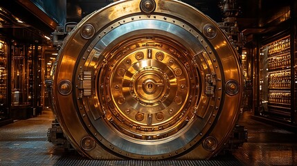 Fototapeta premium Vault door enshrined in discount markings golden key unlocking vibrant financial aura