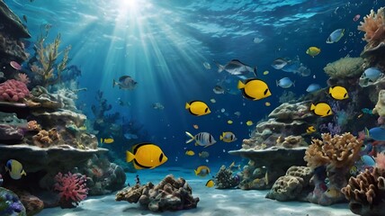 A serene AI-designed wallpaper featuring underwater scenes with animated fish, coral reefs, and shimmering water effects for a calming environment.A serene AI-designed wallpaper featuring underwater