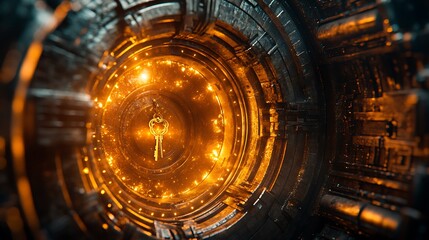 Obraz premium Vault door with discount symbols golden key inserted mystical glow illuminating the edges