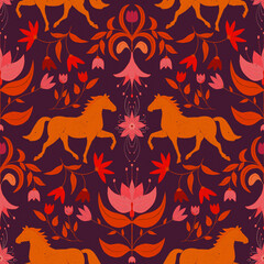 Seamless pattern with flowers and icelandic horses in red, orange and pink tones