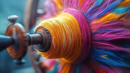 Colorful Yarn On Vintage Spinning Wheel