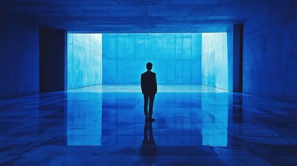 Man in suit stands in a blue, reflective room.