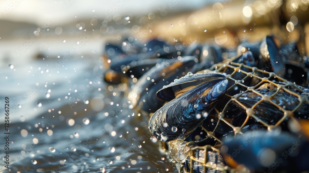 Poster Clusters of mussels are visible in a net at the water's edge, glistening with droplets of water as sunlight creates a sparkling effect near the shoreline.