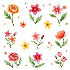 A pattern of spring pink and yellow flowers on a white background.