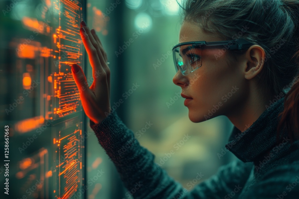 Poster the engineer uses a futuristic projection touch screen to manage robots in a smart factory, embodyin