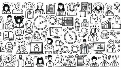 Doodle line icon set work, business job search. Doodle sketch hand drawn style employee search, business work career, company people team icon. Job interview, team person concept. perfect any project.