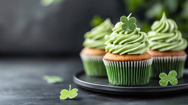 Green cupcakes with clover decorations on dark background. St Patrick’s Day. Celebrating event, party. Food and holiday concept for design banner, poster, flyer