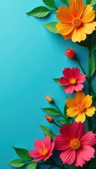 Overhead vibrant paper flowers, green leaves, blue backdrop, bloom, artwork