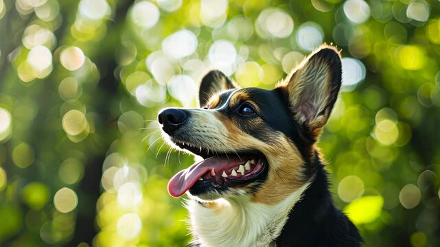 Happy dog enjoying nature outdoors, panting with excitement against a blurred green background with sunlight filtering through the trees.