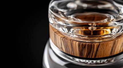 Elegant glass bottle with wooden accents and liquid on black background