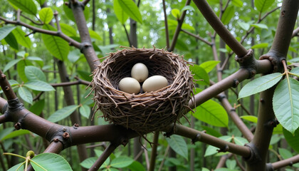 Obraz premium Speckled eggs nestled in bird's nest among green branches, nature's serenity