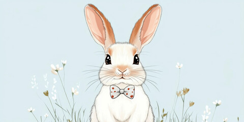 Fototapeta premium Cute cartoon rabbit with bowtie in floral field. Rabbit Week