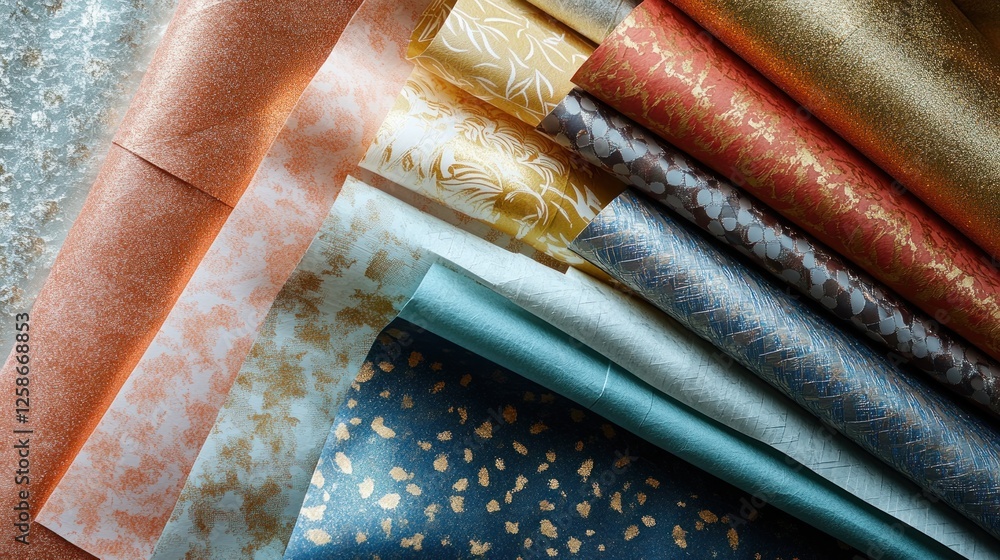 Poster elegant metallic paper rolls with decorative patterns and subtle textures