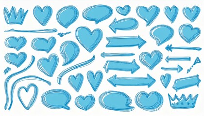 Hand drawn blue highlight, text underline, emphasis mark, line shape set. Hand drawn scribble arrow, love heart, speech bubble, crown element. Marker, pen brush stroke. perfect any project.