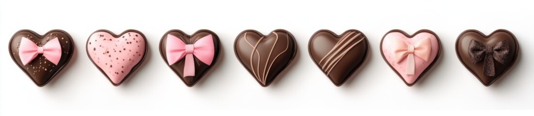 Obraz premium Chocolate hearts with bows, white background, Valentine's Day, dessert