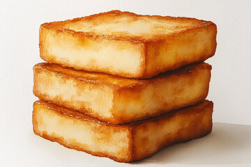 Watercolor painting depicts a stack of three golden brown, square-shaped, delicately textured, toasted treats against a simple white background.
