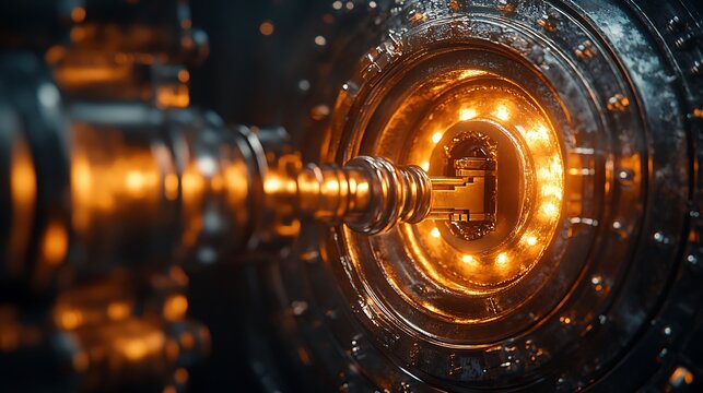 Elegant golden key inserted into a vault door discounts softly glowing around it