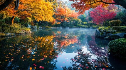 Autumnal Trees Mirrored In Serene Pond Water