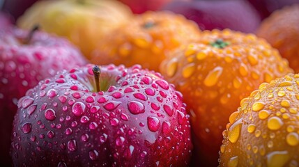 Close-up of fresh, colorful apples with water droplets.