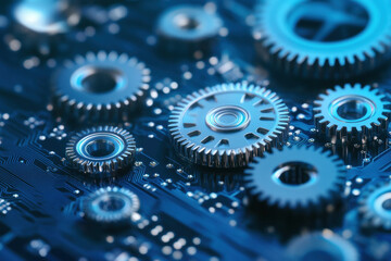 Close up of metallic gears on a blue circuit board background