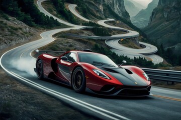 Race car wallpaper. Modern luxury sports car banner, Racing sports car on neon highway. Powerful acceleration of a supercar on a night track with colorful lights and tracks. Blur at high speed. 