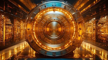 Fototapeta premium Golden vault door rich with discount engravings key unlocking a financial glow