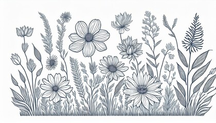 Obraz premium Wild field flower line set. Hand drawn doodle sketch style wild floral element for nature spring background. Flower, garden grass field outline perfect any project.